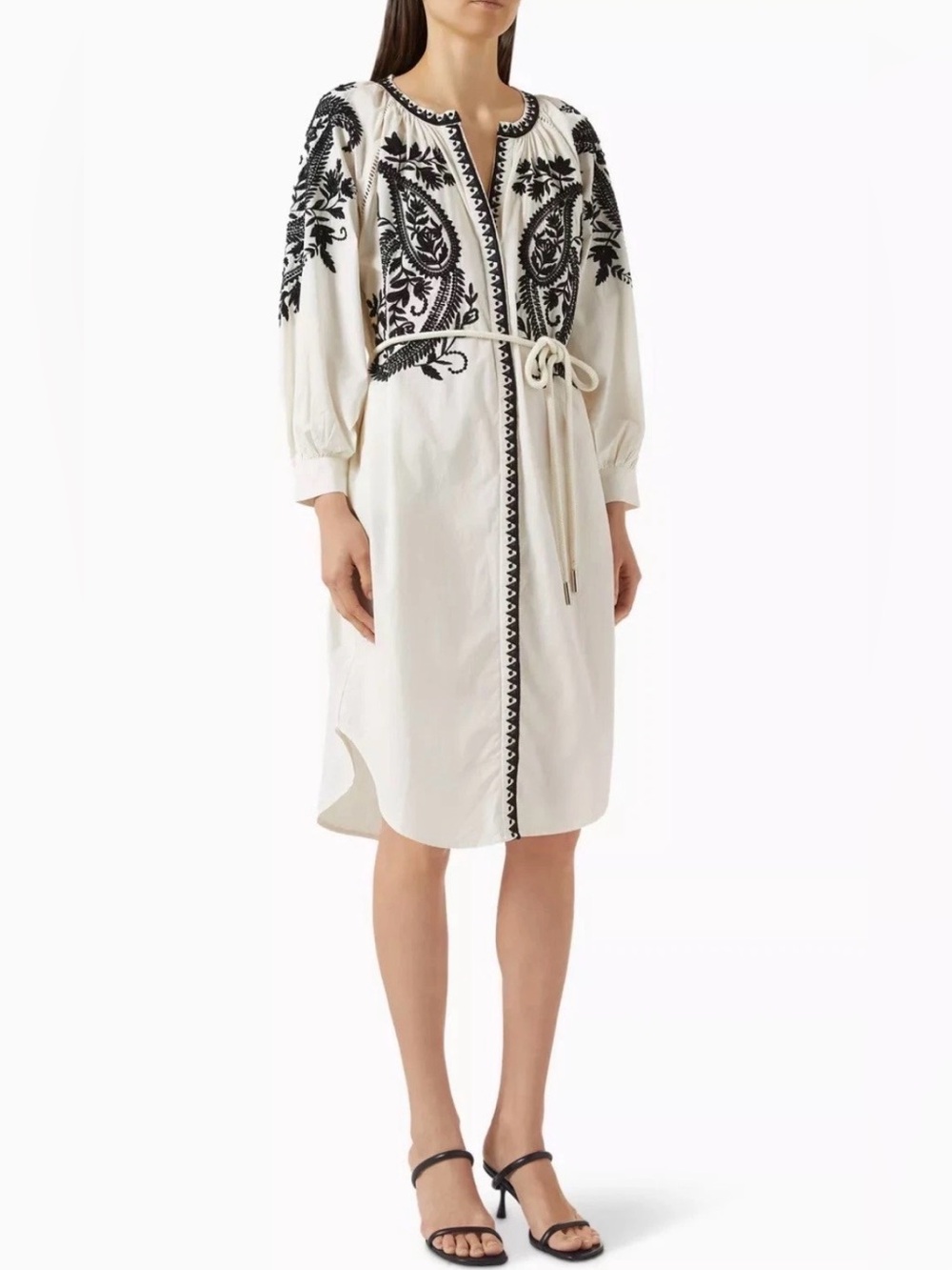Scarlet Poppies Gaia Dress Large Embroidered Ivory Shirt Dress Black Detailing